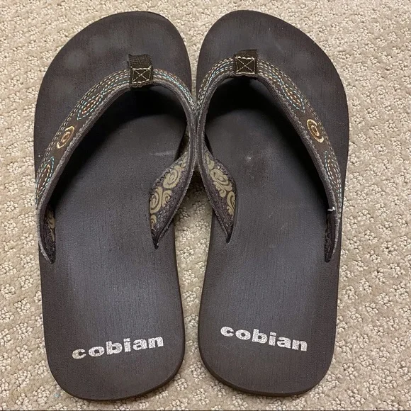 Cobain Brown Flip Flops w/ Turquoise Embroidery - Picture 4 of 7